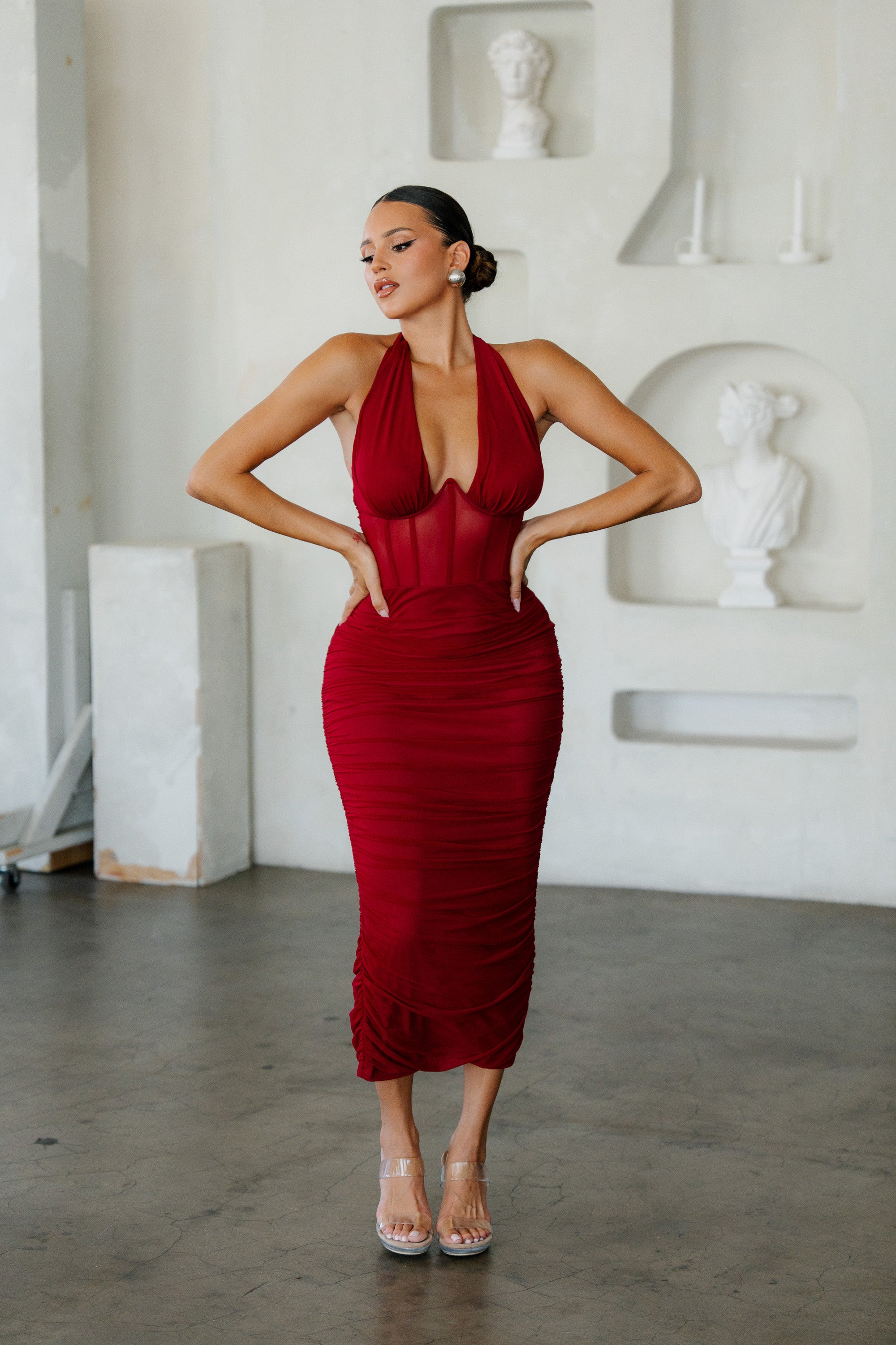 Ruched Mesh Corset Halter Maxi Dress Maroon / M