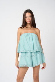 Strapless Lace Trim Overlay Jumpsuit