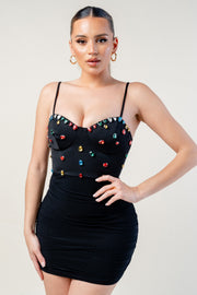 COLORFUL RHINESTONE BUSTIER RUCHED MINI DRESS