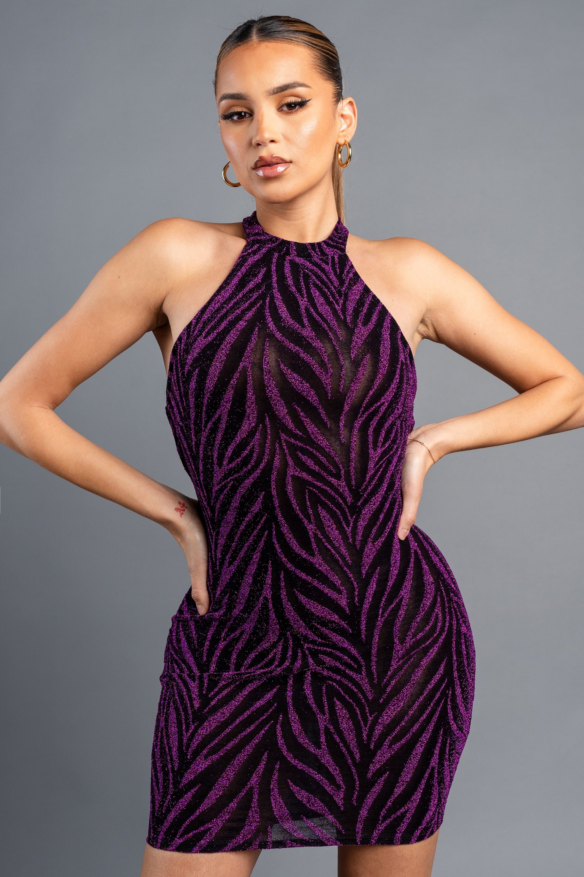 METALLIC GLITTER HALTER DRAWSTRING BACK MINI DRESS