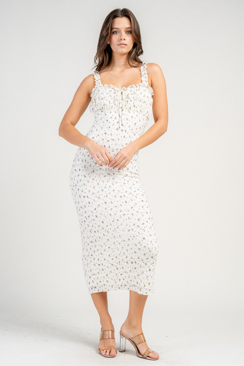 FITTED MIDI DRESS W/ RUFFLE STRAPS