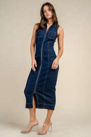 SLEEVELESS ZIP-FRONT DENIM MIDI DRESS WITH CONTRAST STITCH