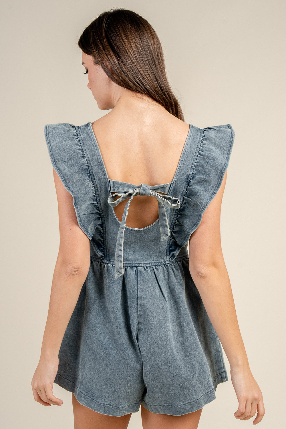 DENIM ROMPER W/ RUFFLE SHOULDERS