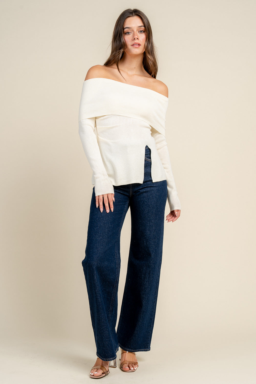 OFF SHOULDER LONG SLEEVE TOP WITH A SIDE SLIT