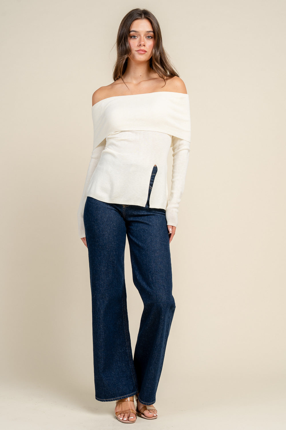 OFF SHOULDER LONG SLEEVE TOP WITH A SIDE SLIT