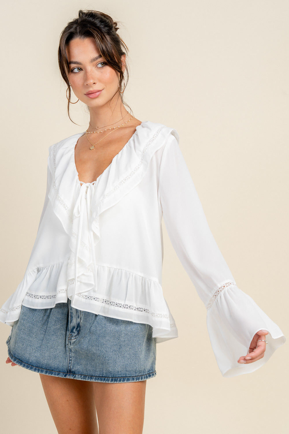 BOHO TRUMPET SLEEVE BLOUSE W/RUFFLE & LACE