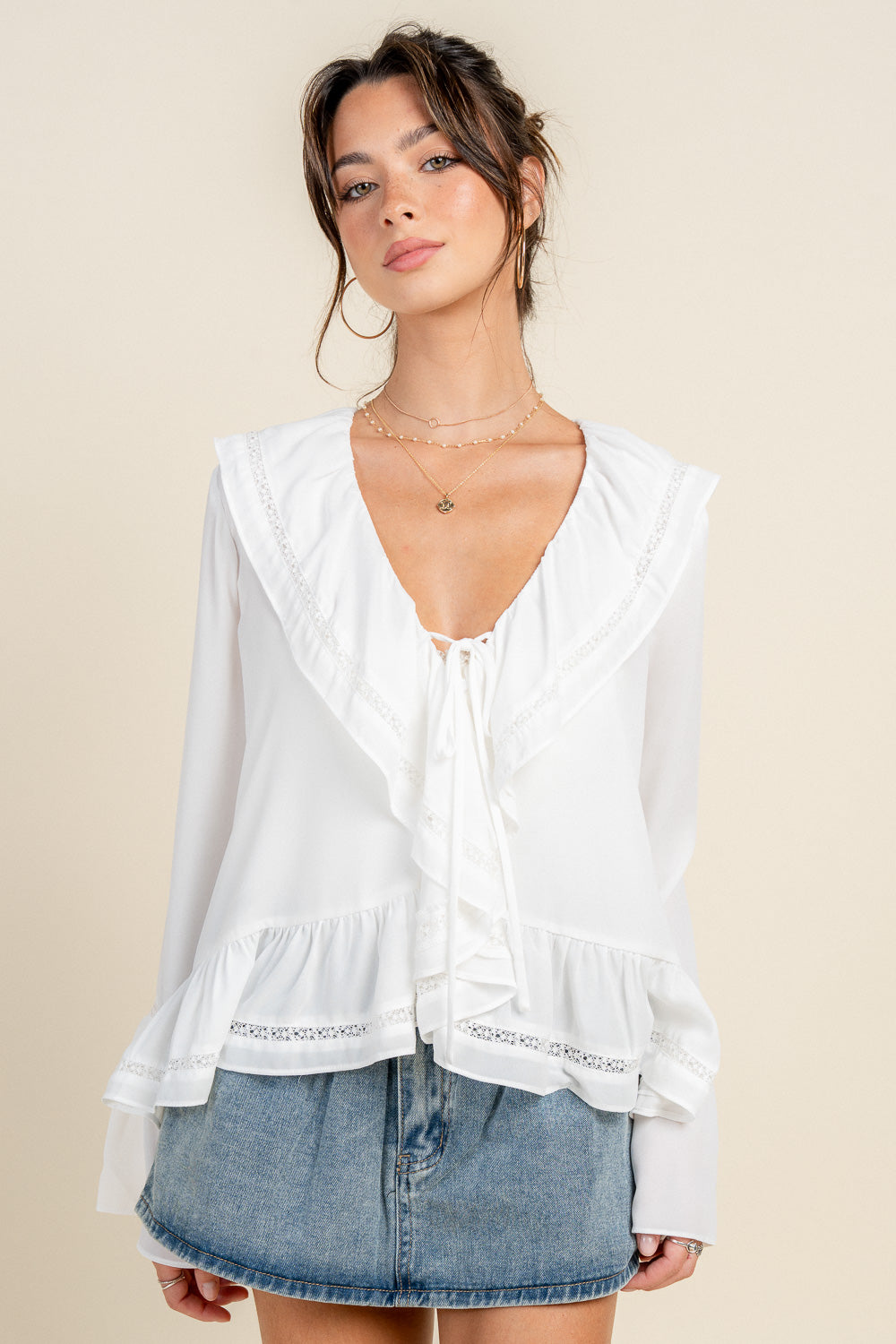 BOHO TRUMPET SLEEVE BLOUSE W/RUFFLE & LACE