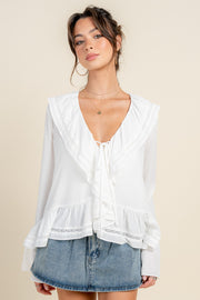 BOHO TRUMPET SLEEVE BLOUSE W/RUFFLE & LACE