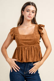 STRETCH FAUX SUEDE PEPLUM RUFFLE SHOULDER TOP