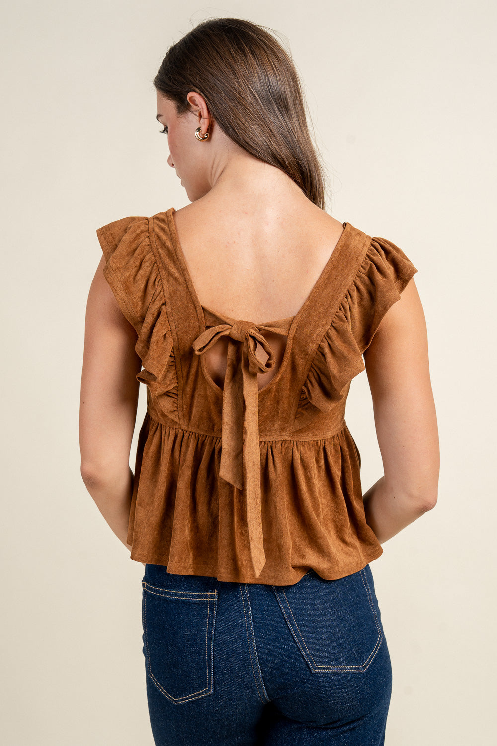 STRETCH FAUX SUEDE PEPLUM RUFFLE SHOULDER TOP