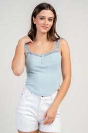 LACE TRIM RIB TANK W/ HENLEY FRONT