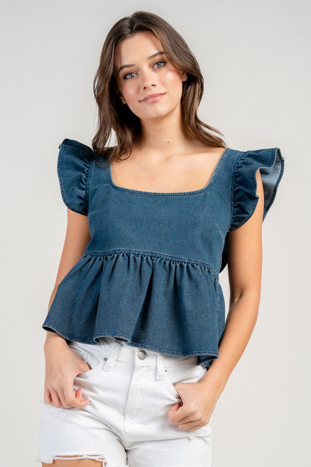 PEPLUM TOP W/ RUFFLE SHOULDER
