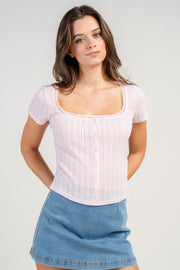 ROUND NECK POINTELLE BUTTON DOWN CAP SLEEVE TOP