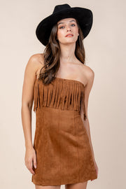 STONED SUEDE FRINGE TRIMMED TUBE SHORT DRESS