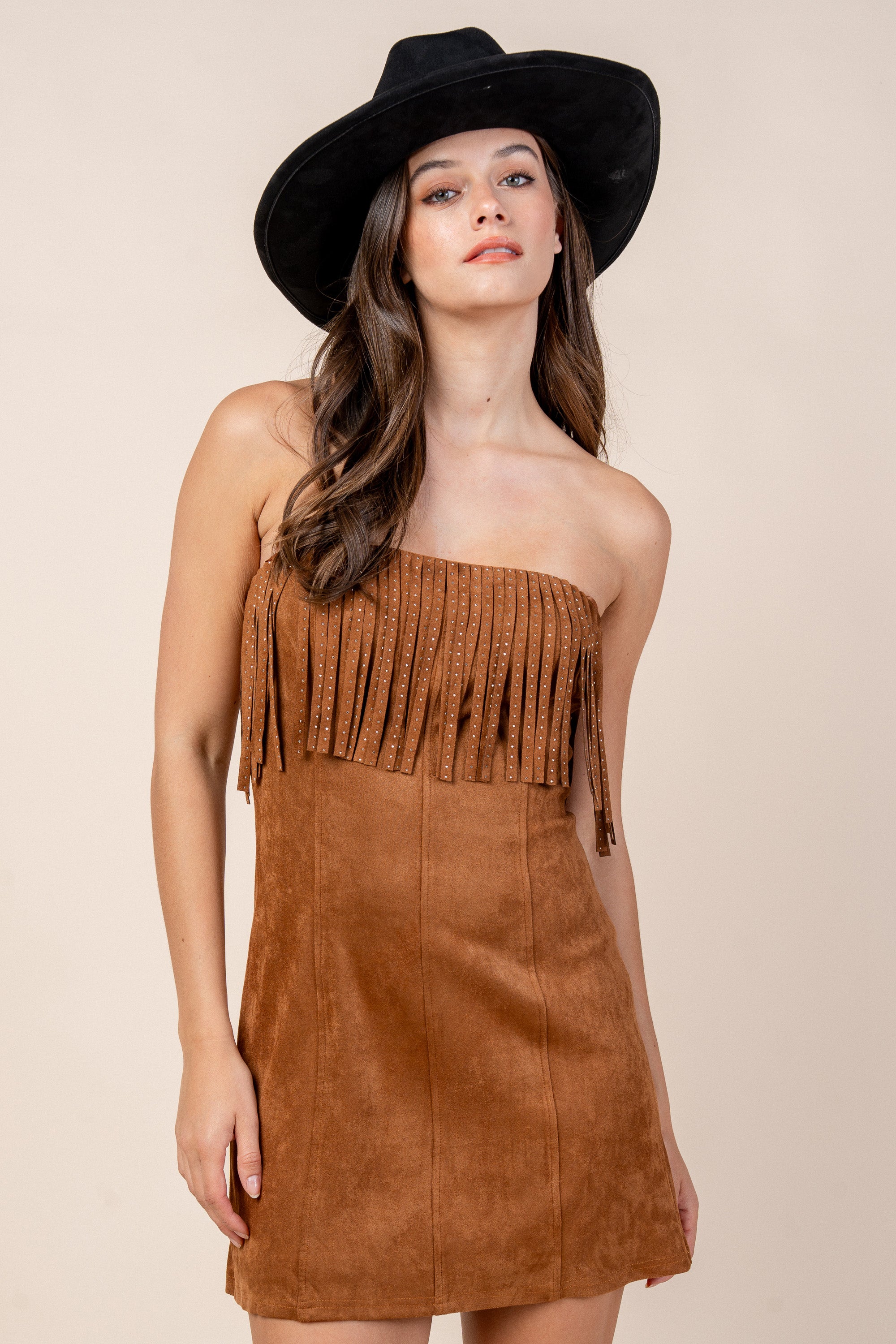 STONED SUEDE FRINGE TRIMMED TUBE SHORT DRESS