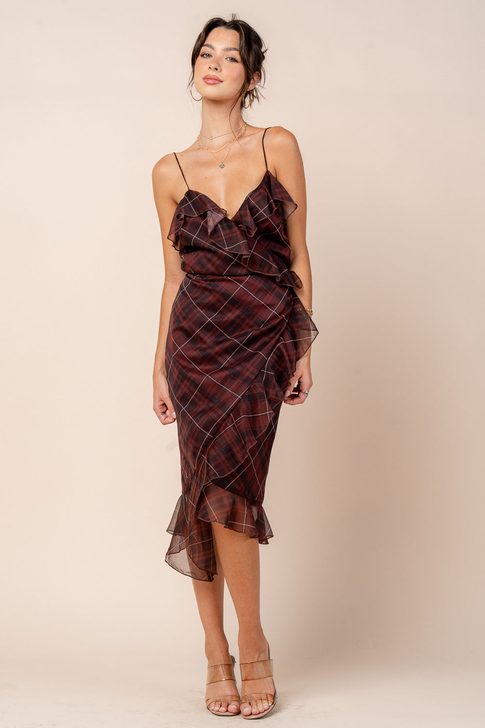PLAID PATTERN DEEP V NECKLINE RUFFLE WRAP STYLE MIDI DRESS