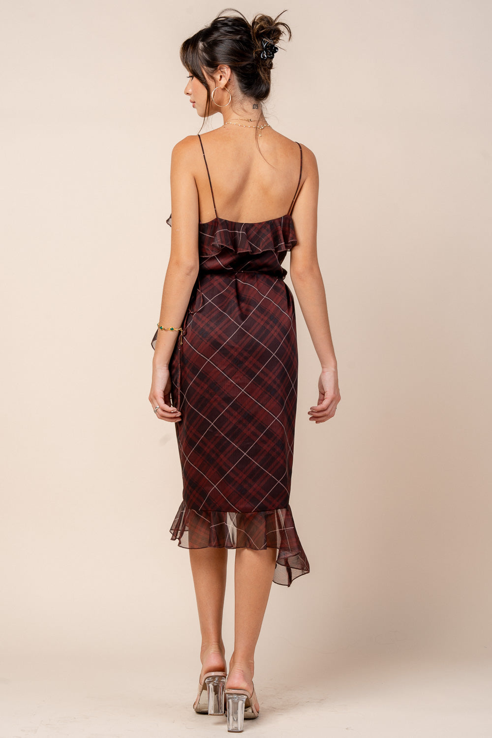 PLAID PATTERN DEEP V NECKLINE RUFFLE WRAP STYLE MIDI DRESS
