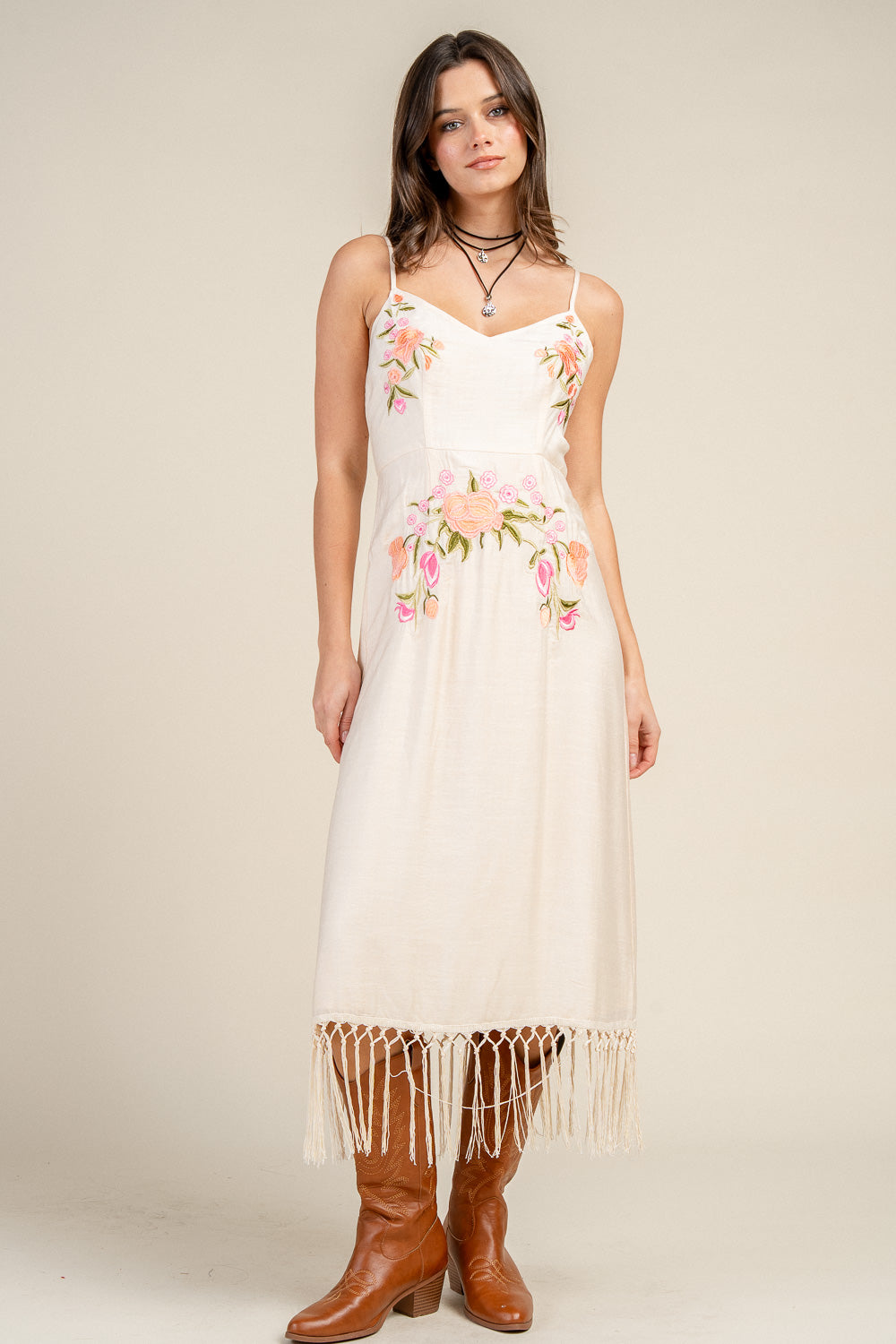 RAYON NYLON EMBROIDERED DETAILED MIDI DRESS