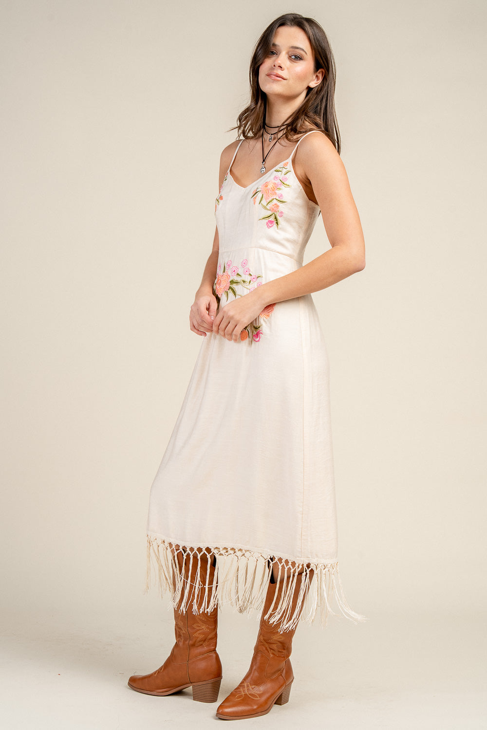 RAYON NYLON EMBROIDERED DETAILED MIDI DRESS