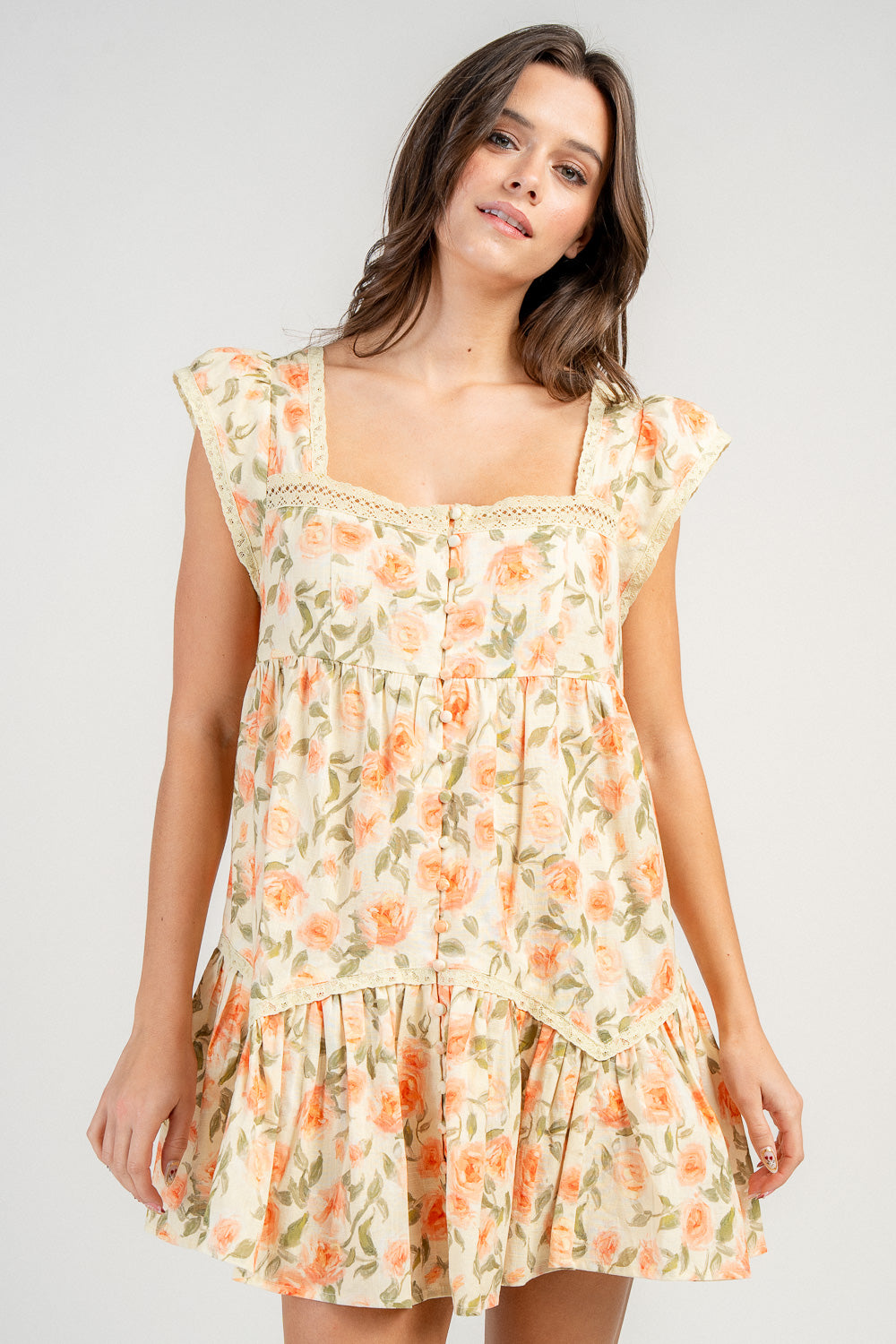 LINEN PRINTED BUTTON FRONT S/S BABY DOLL MINIDRESS