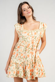 LINEN PRINTED BUTTON FRONT S/S BABY DOLL MINIDRESS