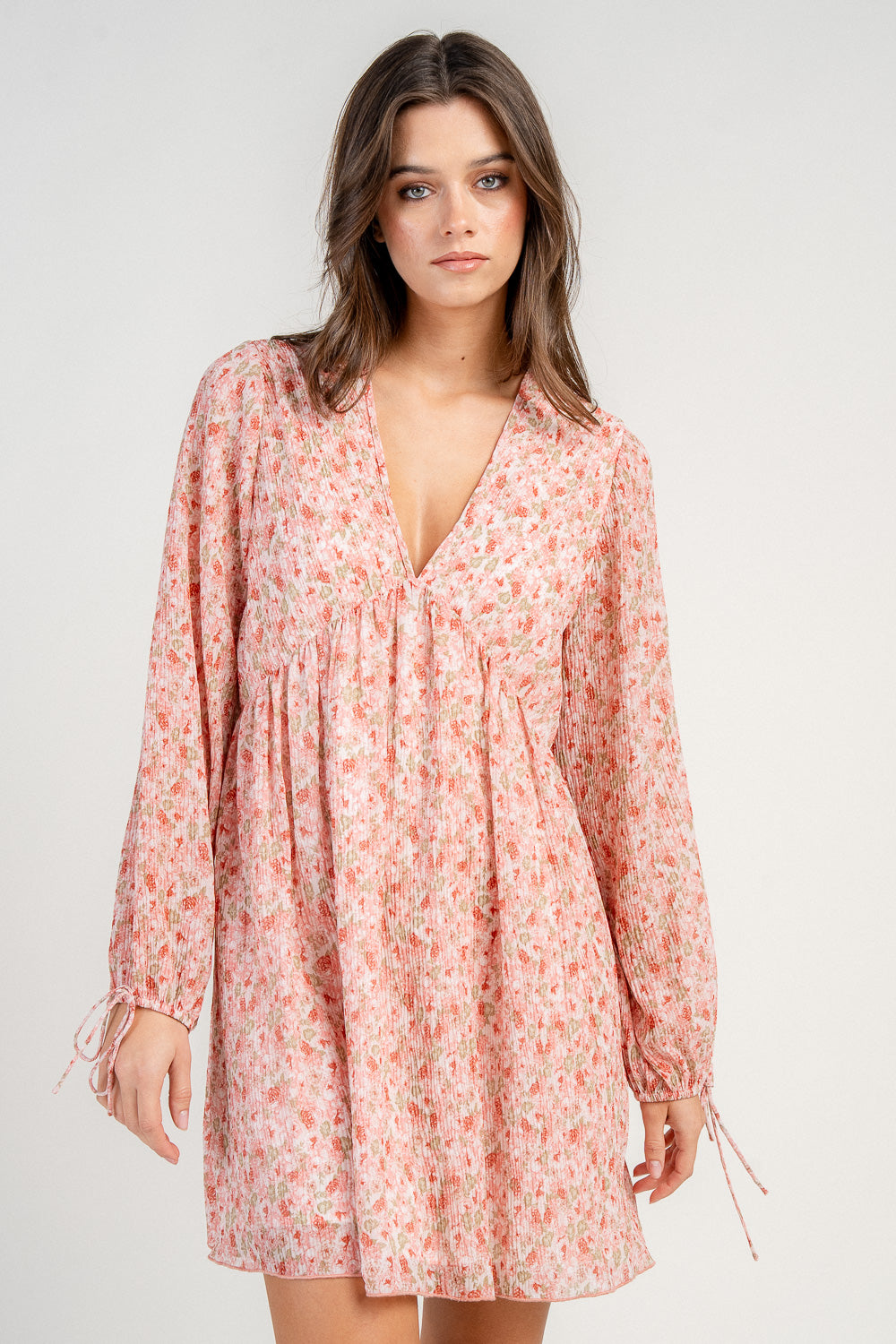 PLEATED CHIFFON L/S MINI DRESS
