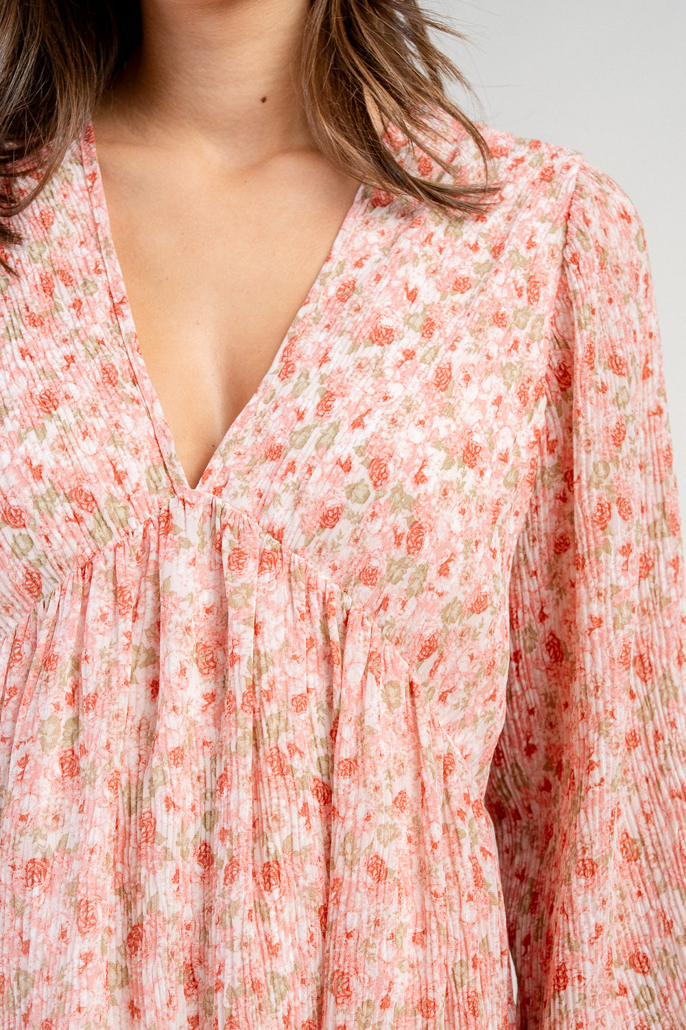 PLEATED CHIFFON L/S MINI DRESS