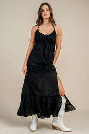 HALTER NECK TIE BACK TIERED MAXI DRESS