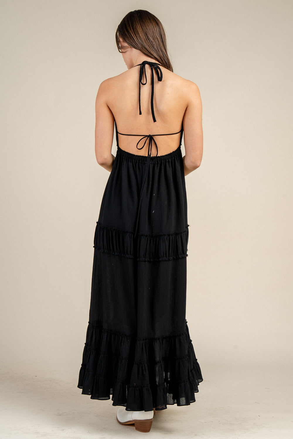 HALTER NECK TIE BACK TIERED MAXI DRESS