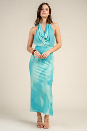 MESH DEEP COWL NECK MAXI DRESS