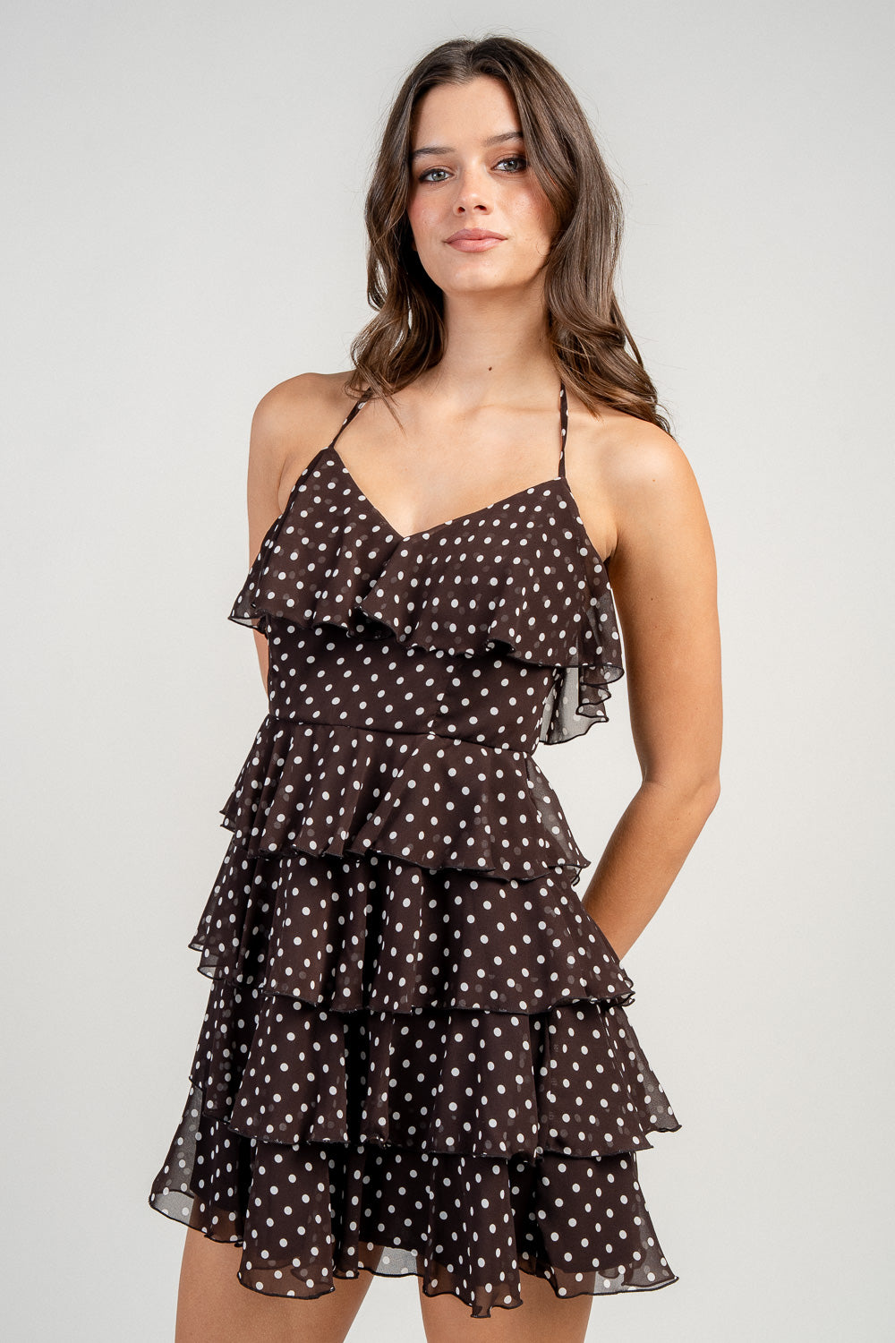 CHIFFON HALTER NK MULTI TIERED MINI DRESS