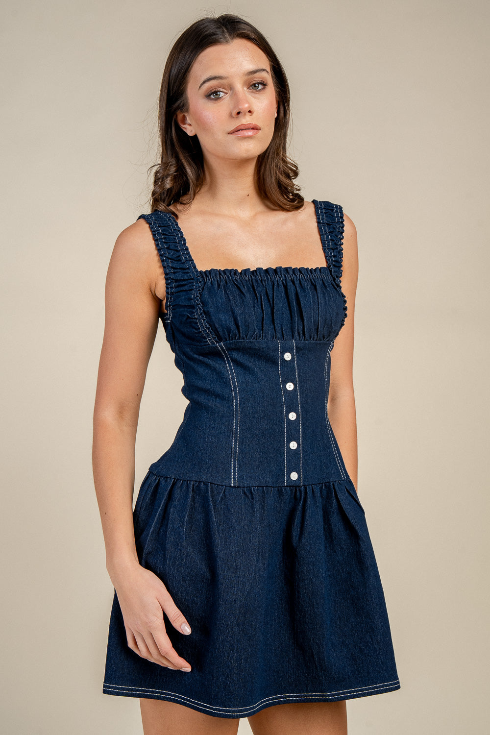 RUCHED BODICE DENIM MINI DRESS