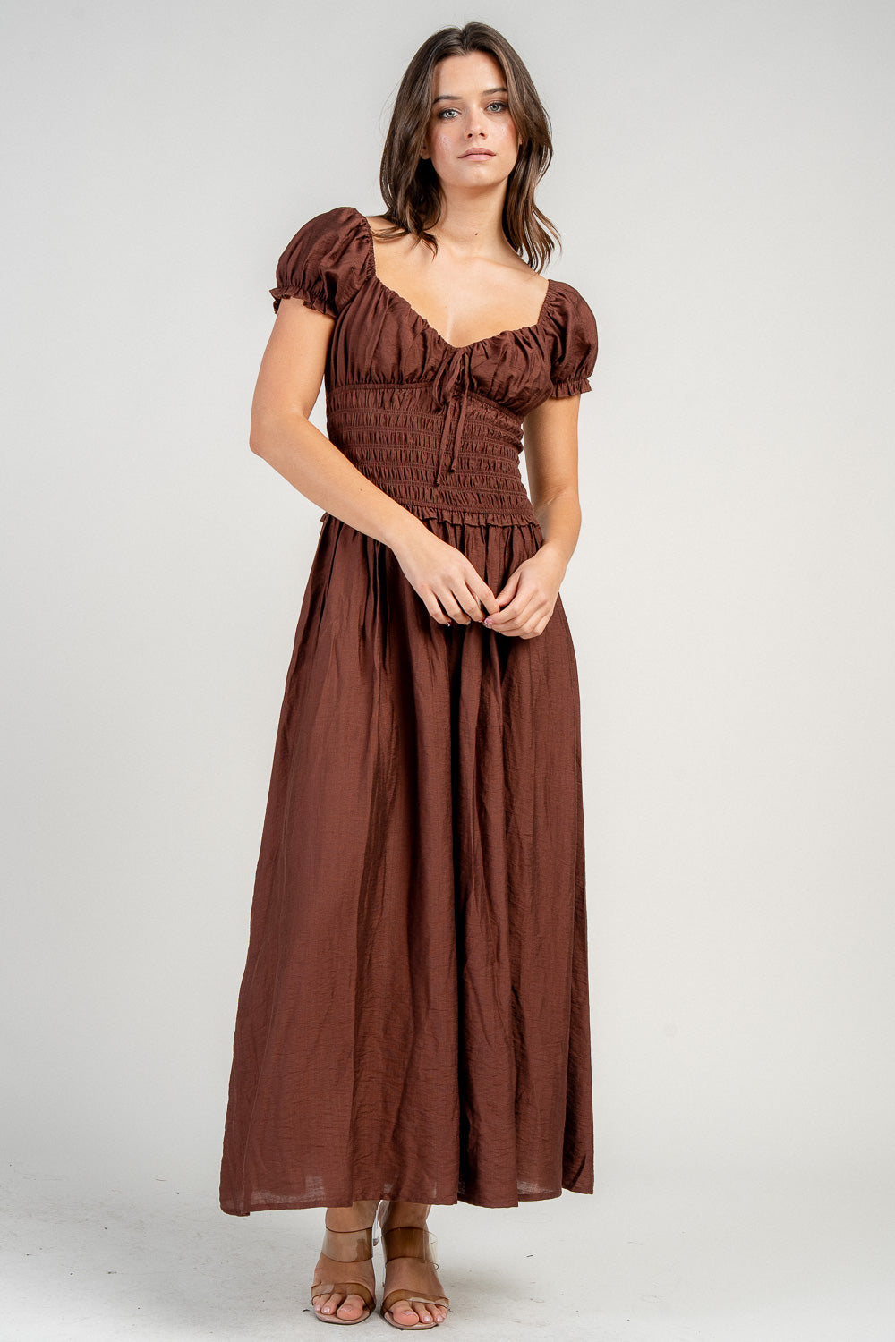 RAYON NYLON SMOCKED DROP WAIST S/S MAXI DRESS