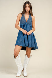 Smocked Halter Denim Babydoll Mini Dress