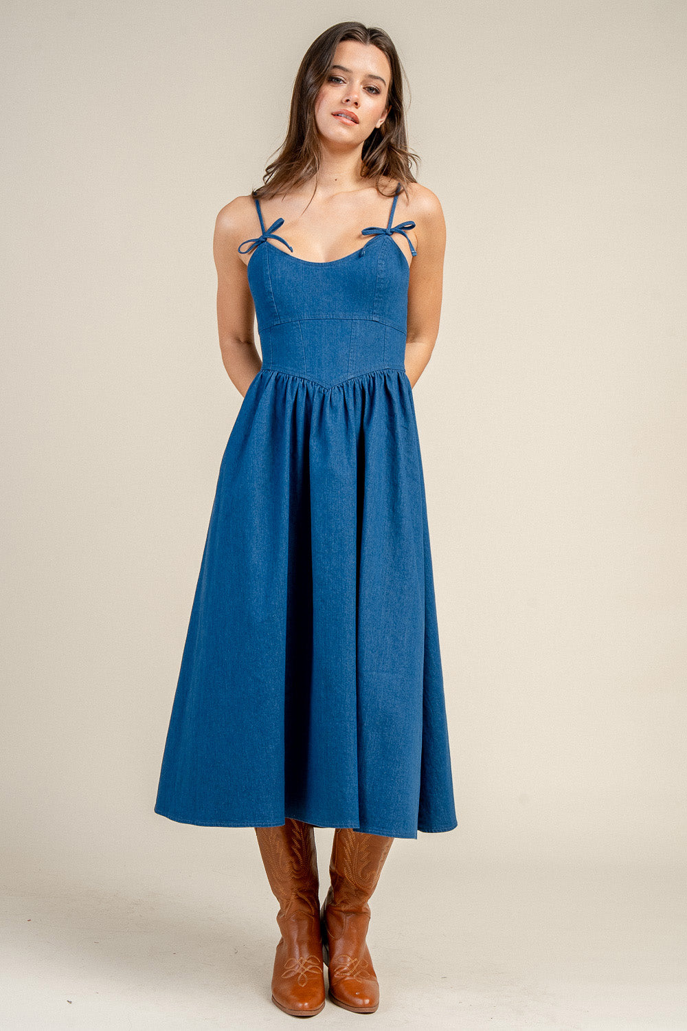 CHAMBRAY DENIM BALLERINA MIDI DRESS