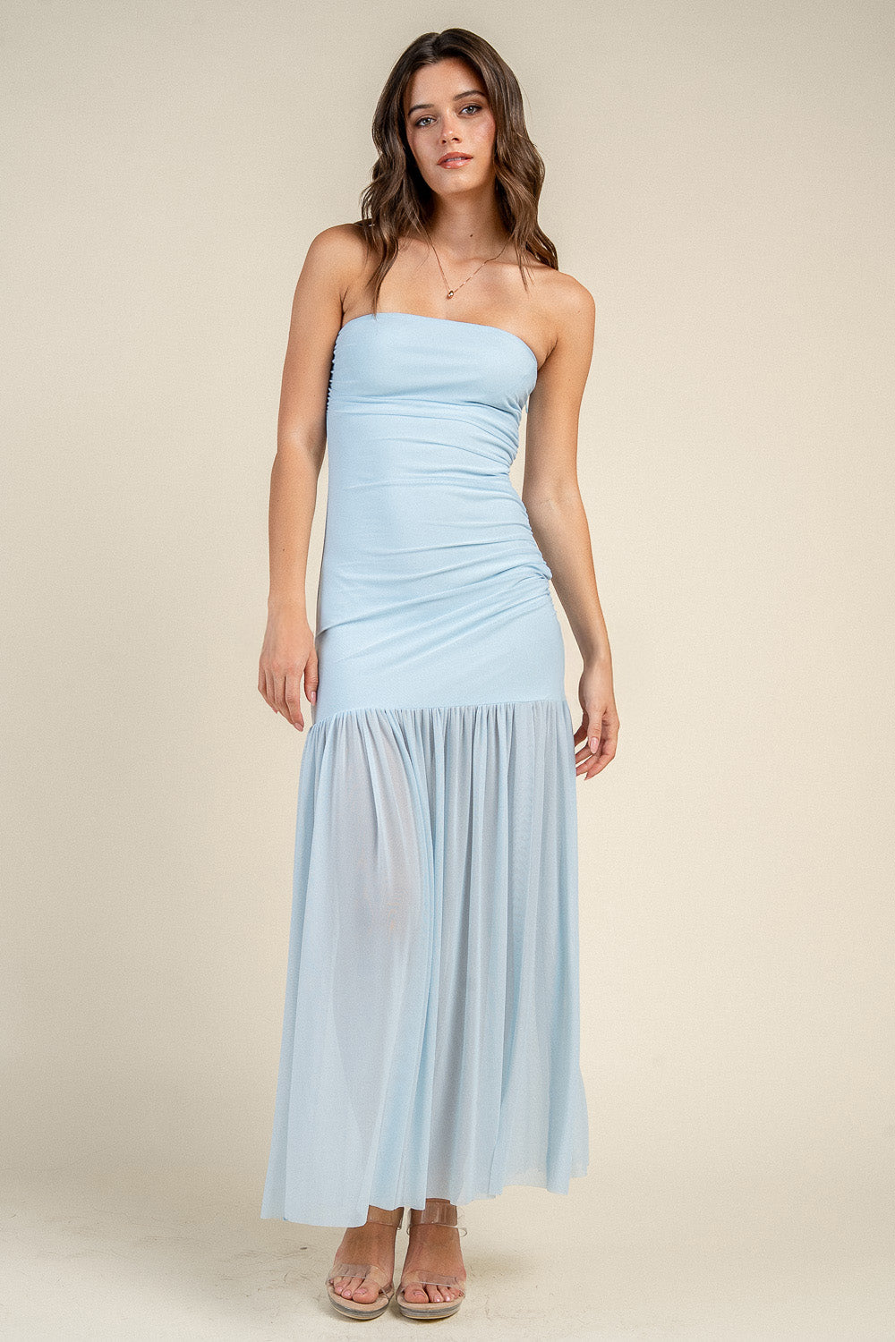 STRAPLESS RUCHED BODICE DROP WAIST MAXI DRESS