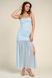 STRAPLESS RUCHED BODICE DROP WAIST MAXI DRESS