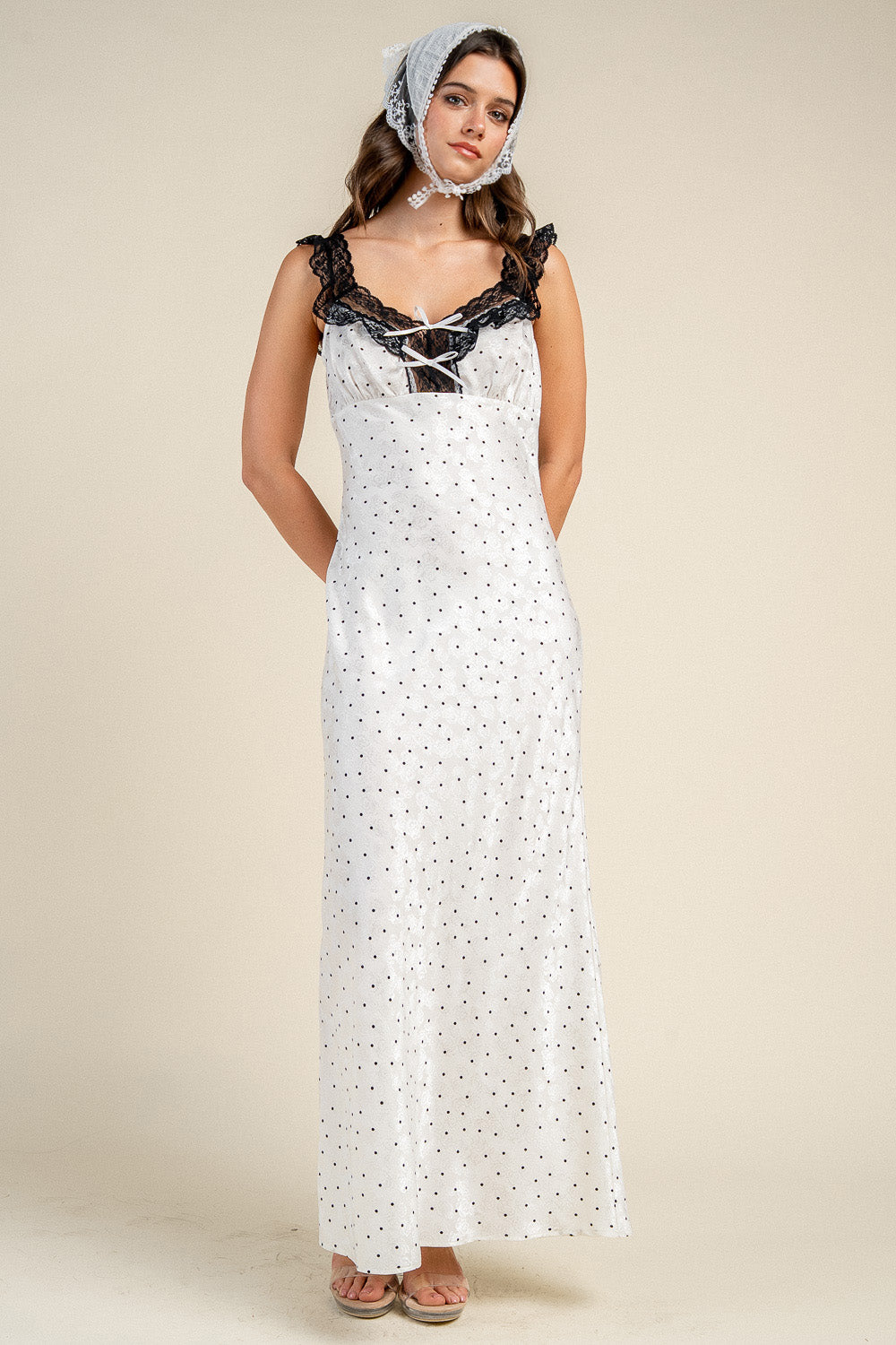 POLKA DOT LACE TRIM TIE FRONT MAXI DRESS