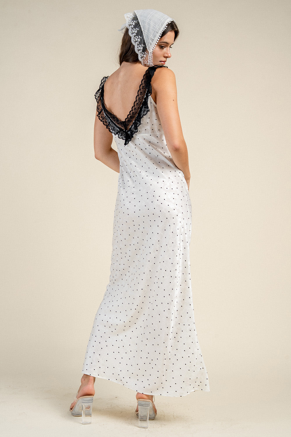 POLKA DOT LACE TRIM TIE FRONT MAXI DRESS