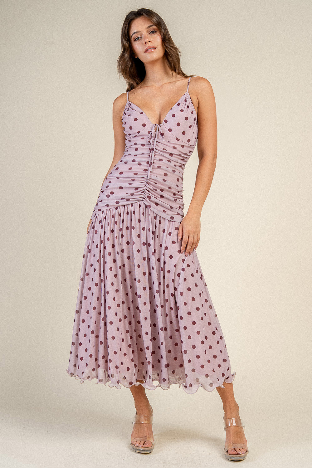 Rosalie Polka Dot Ruched Midi Dress