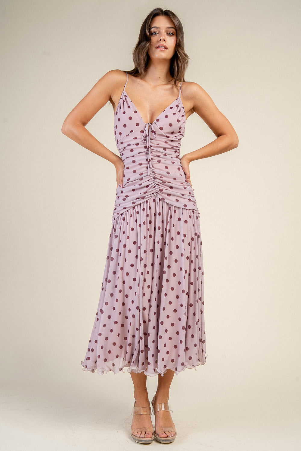 Rosalie Polka Dot Ruched Midi Dress