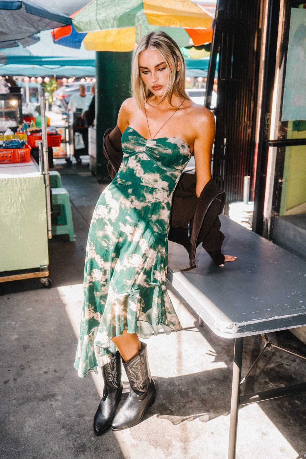 Strapless Tie Dye Ruffle Midi Dress