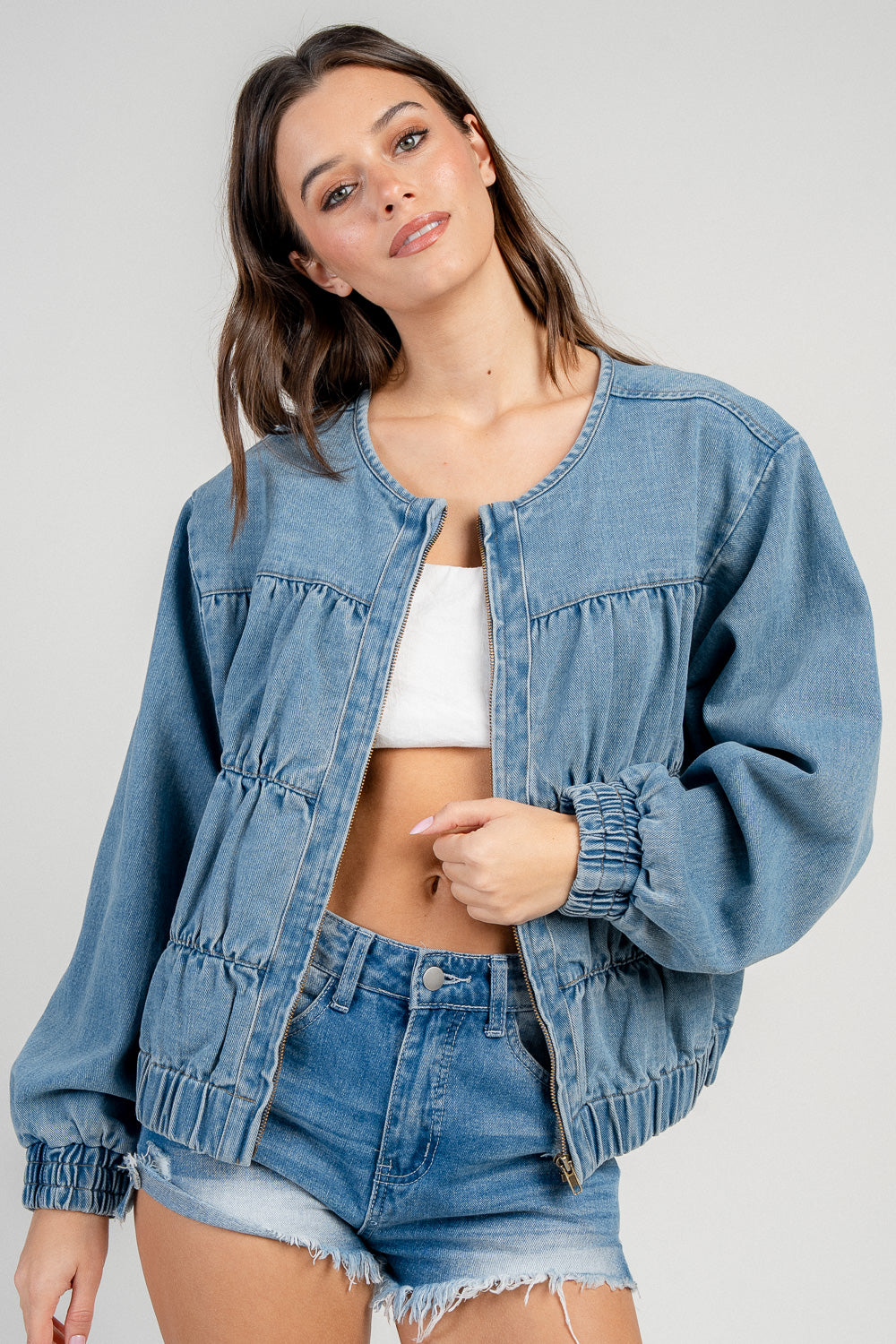 DENIM RUCHED SEAMS & HEMS DENIM JACKET
