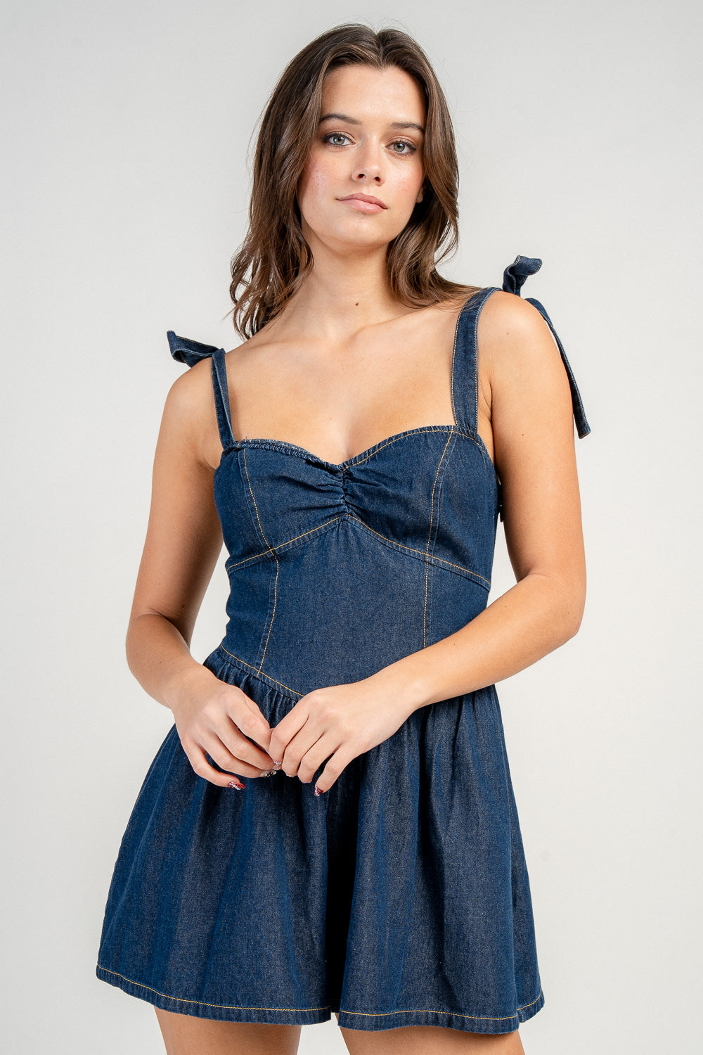 DENIM TIE SHOULDER ROMPER