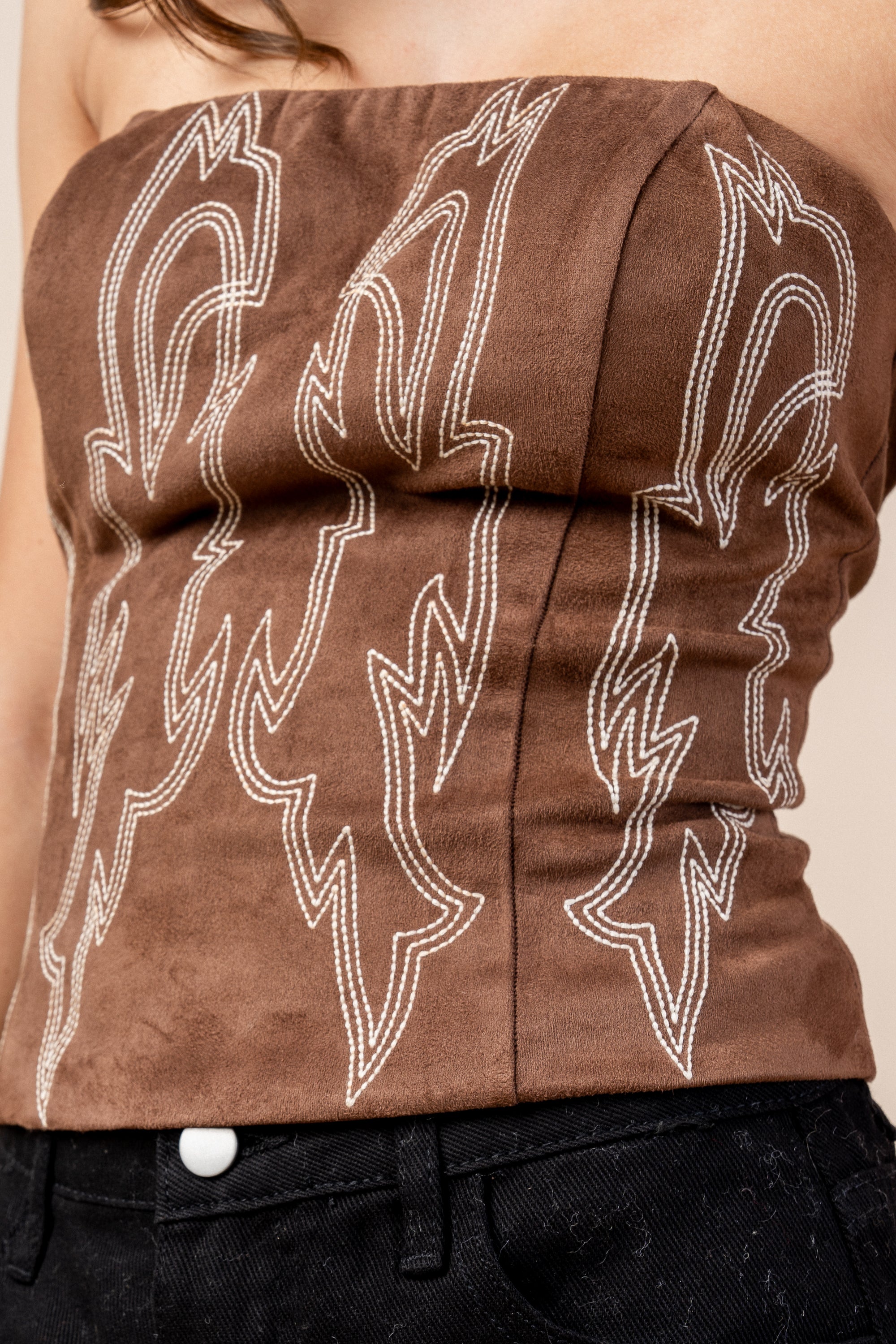 EMBROIDERED SUEDE-LOOK STRAPLESS CORSET TOP