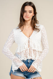 LACE TRIMMED DETAILED FRONT TIE LACE TOP