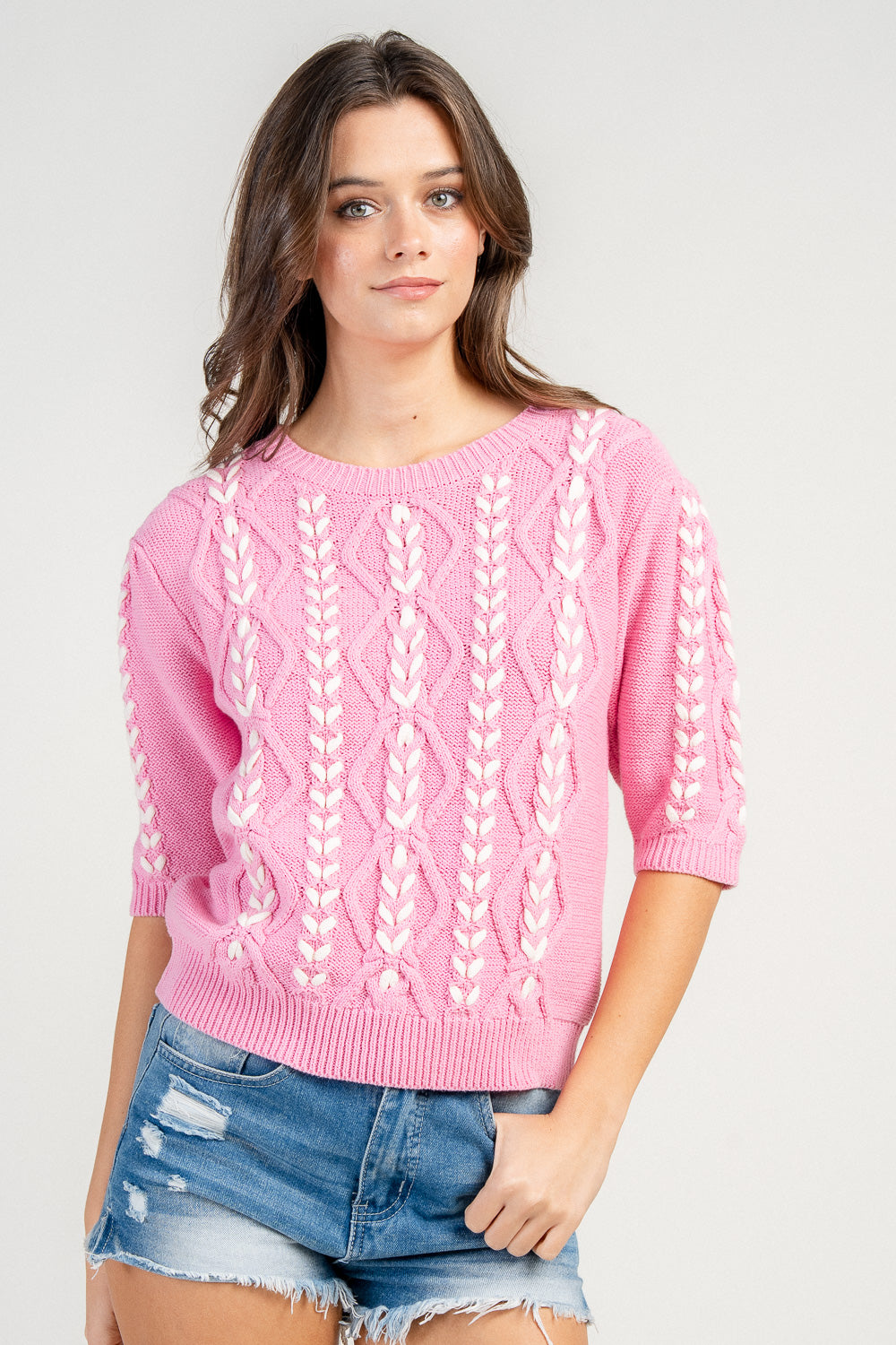 SWAETER STITCH MOTIF CABELED HALF SLEEVE  SCOOP NECK SWEATER
