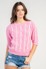 SWAETER STITCH MOTIF CABELED HALF SLEEVE  SCOOP NECK SWEATER