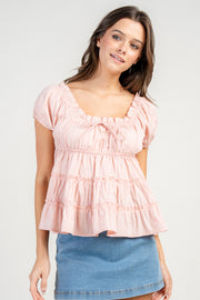 EMBROIDERED LIGHT POPLIN TIERED S/S TOP