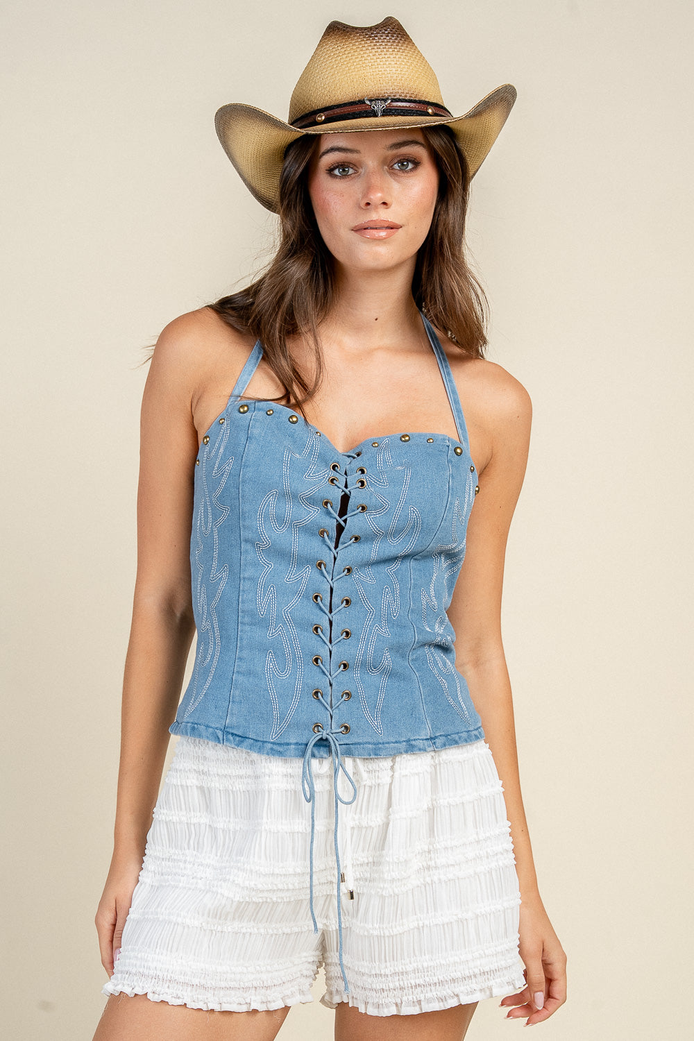 WESTERN STITCH LACE-UP DENIM HALTER TOP